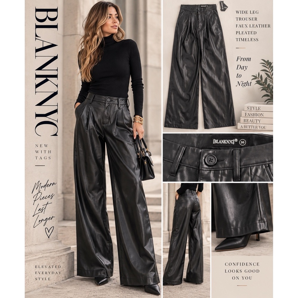 BLANKNYC NWT Faux Leather Wide Leg Trouser Pants 30 Pleated Quiet Luxury